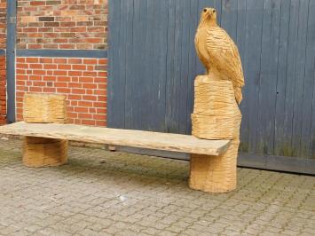 Heavy oak garden bench with large carved eagle on the right holder, unique and beautiful.