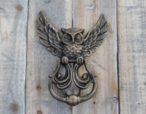 Fantastic door knocker with owl motif, antique bronze.