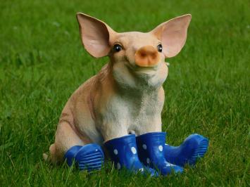 Statue Sitting Pig with Blue Boots - Polystone