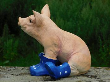 Statue Sitzendes Schwein mit blauen Stiefeln - Polystone