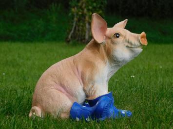 Statue Sitting Pig with Blue Boots - Polystone