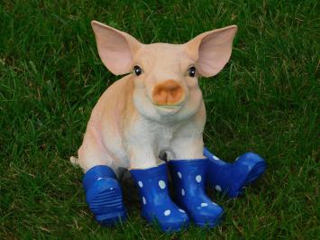 Statue Sitting Pig with Blue Boots - Polystone