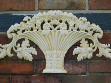 Wall ornament Vase with Flowers - cast iron - vintage white brown