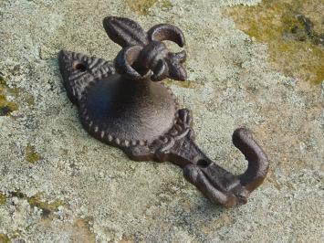 Cast iron Wall Hook with French Lily - 2-Hooks - 13 cm High - Dark brown