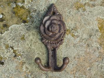 Cast iron Wall Hook with Rose - 2-Hooks - 13 cm High - Dark brown