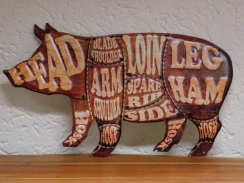 Wandbord Varken - 50 cm - Pork Parts - Metaal