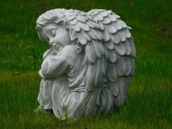 Sitting angel on pedestal - full stone